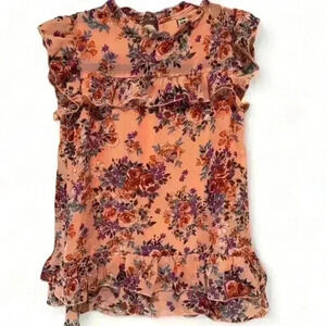 Beautees Women's Floral Ruffle Blouse Peach Sleeveless Size Med
